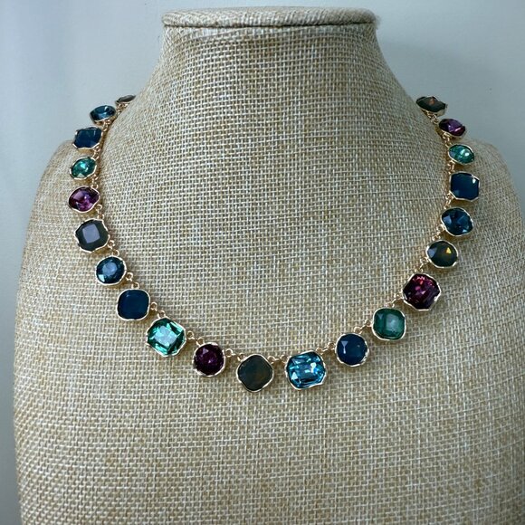 Gold-Tone Necklace With Multi-Colored Glass Gemstones Square & Round Shapes Adju - Picture 2 of 9
